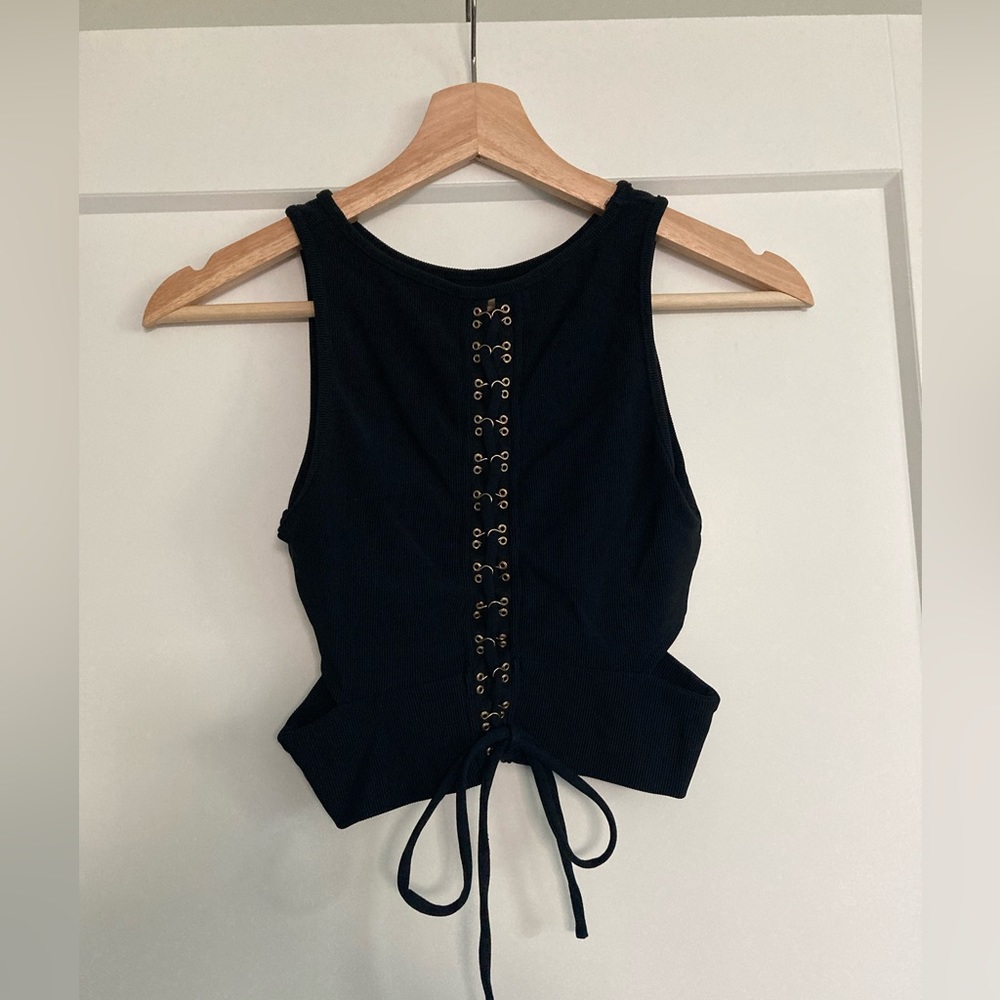 Bebe Black Crop Top with Gold Details
